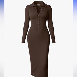 OQQ Brown Long Sleeve Midi Dress